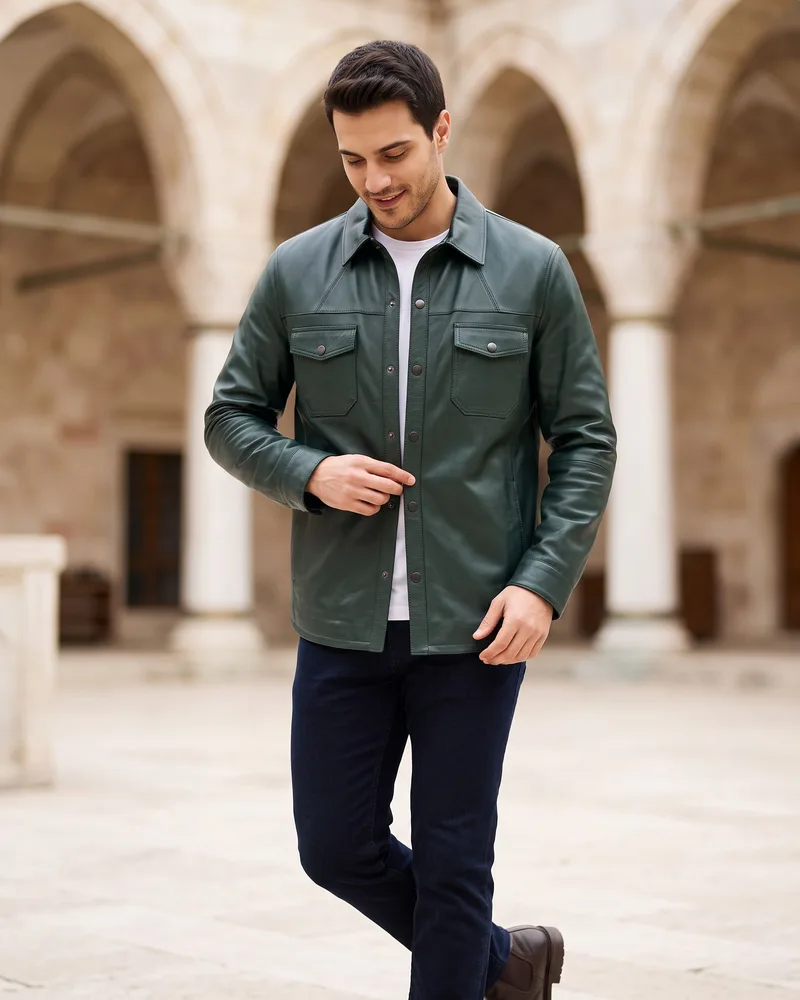 Green Leather Overshirt - Premium Turkish Leather Jackets by Savas Textile