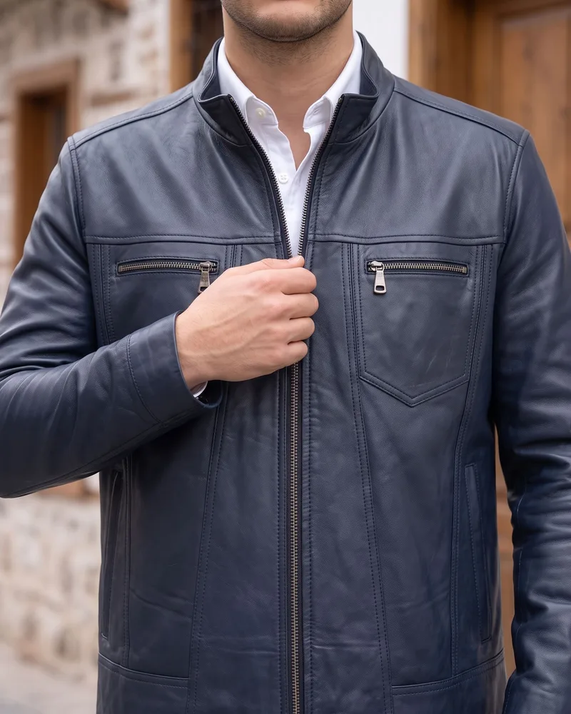 Navy Stand-Collar Leather Jacket detail - Savas Textile