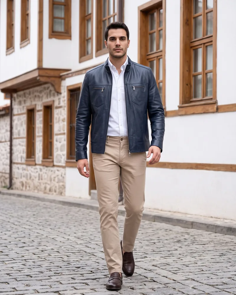Navy Stand-Collar Leather Jacket - Premium Turkish Leather Jackets by Savas Textile