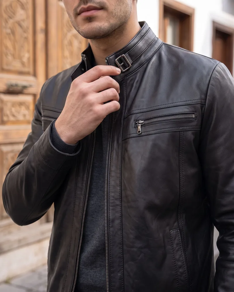 Black Hand-Stitched Leather Jacket detail - Savas Textile