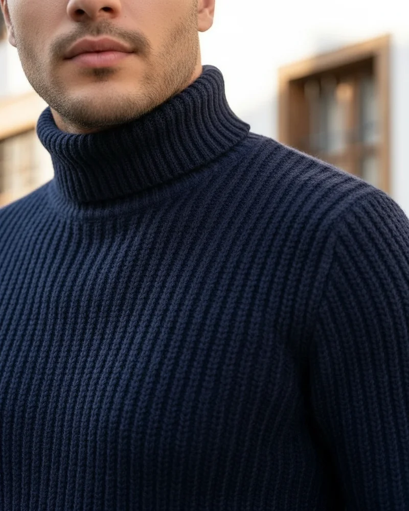 Navy Turtleneck Sweater detail - Savas Textile