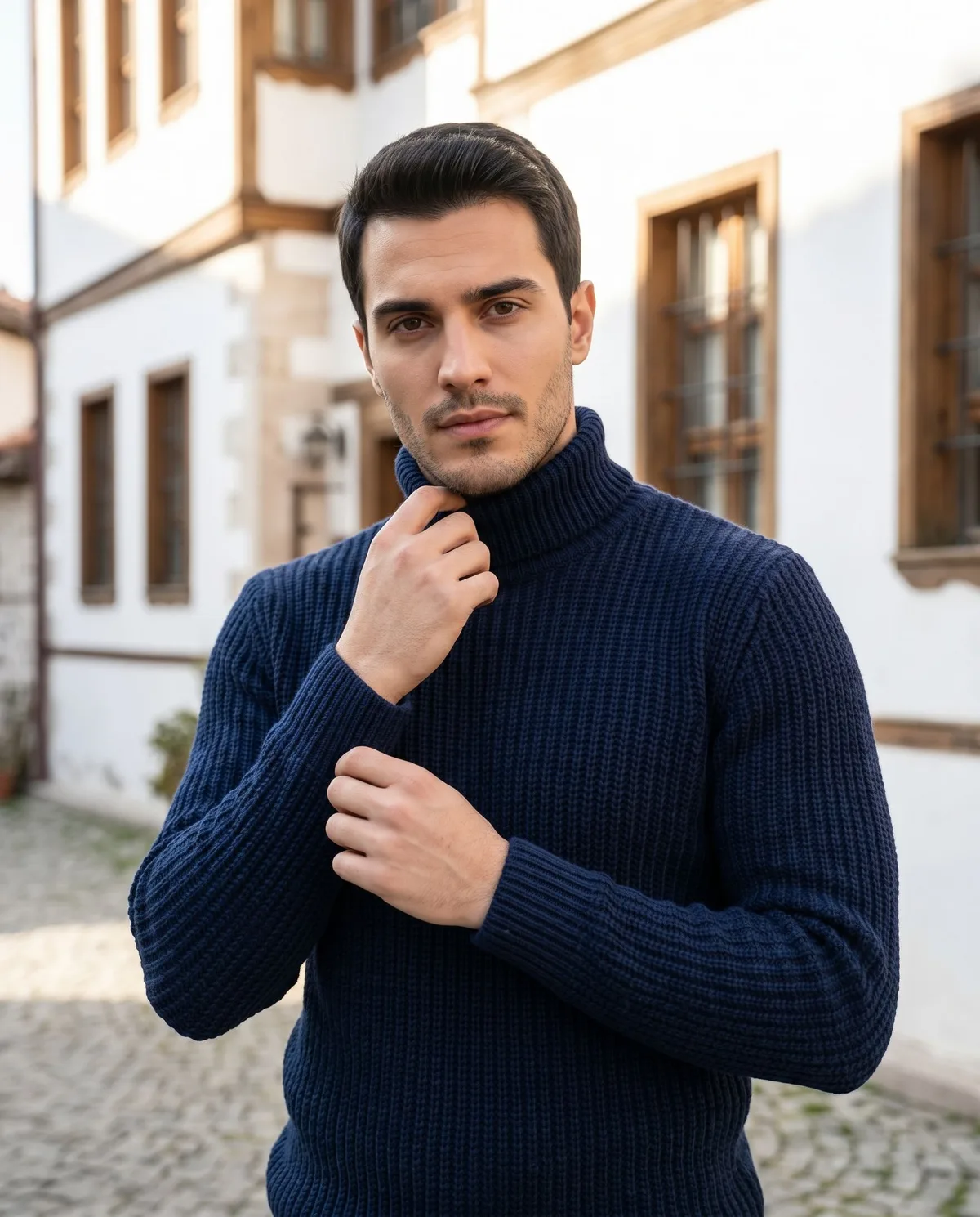 Navy Turtleneck Sweater detail - Savas Textile