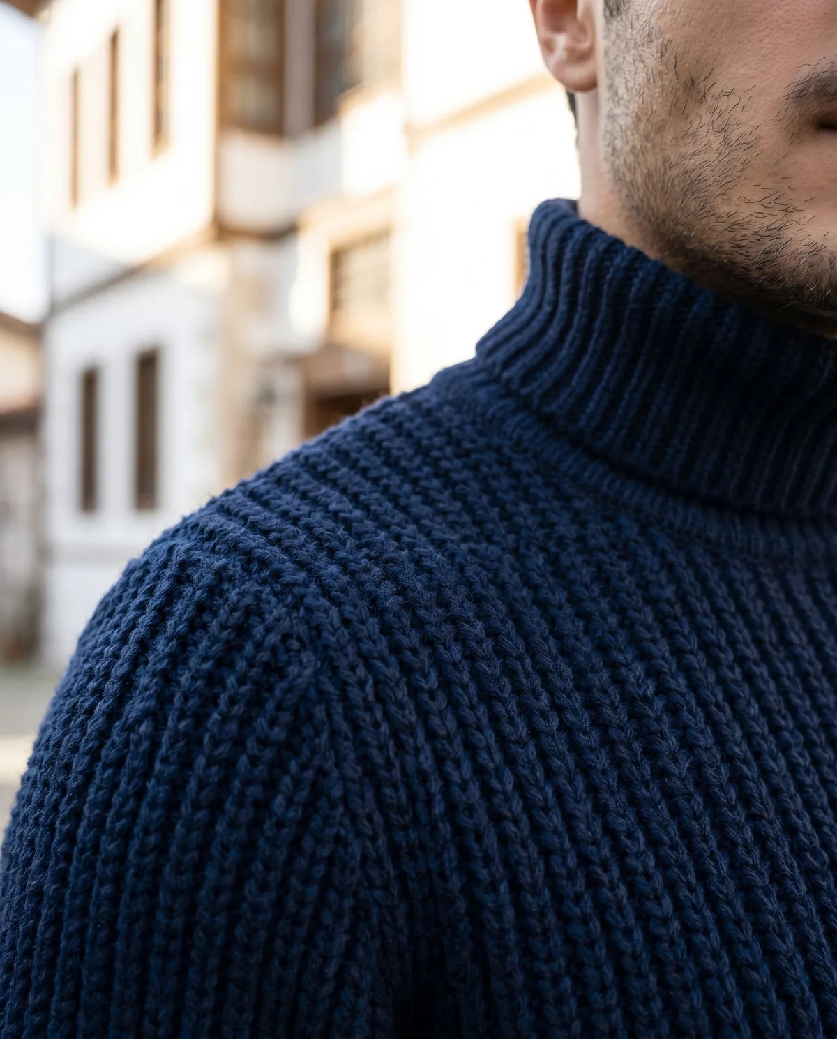 Navy Turtleneck Sweater detail - Savas Textile