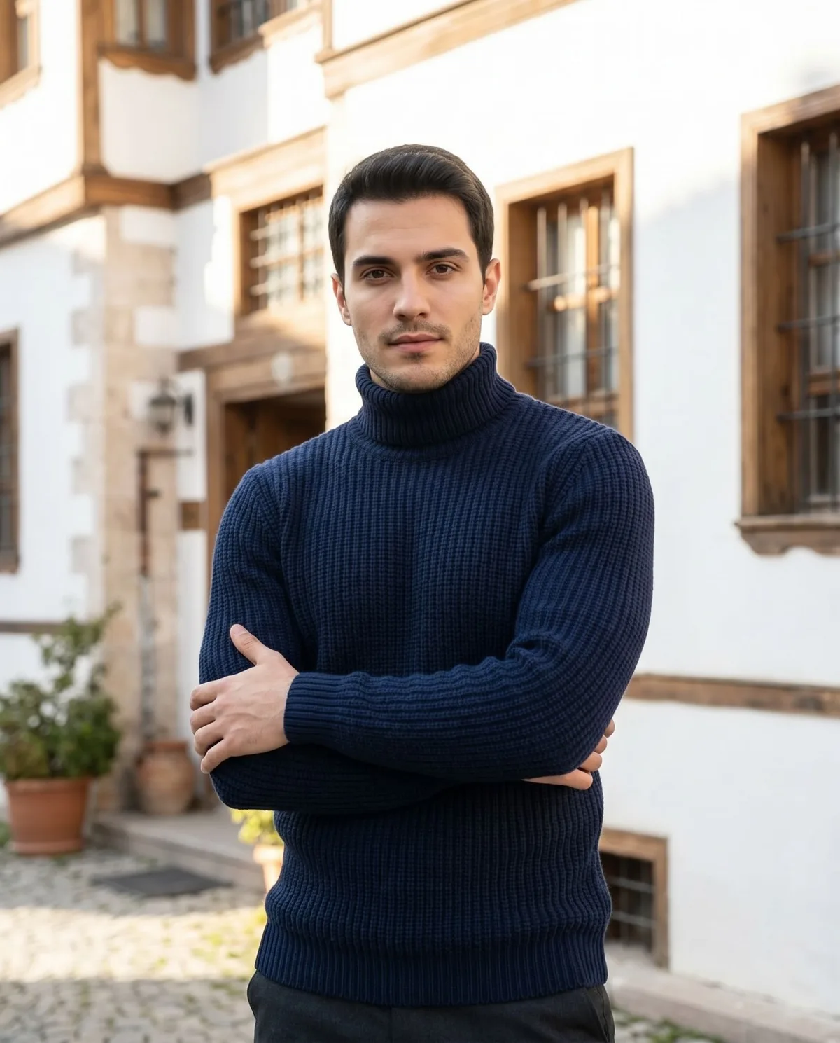 Navy Turtleneck Sweater detail - Savas Textile