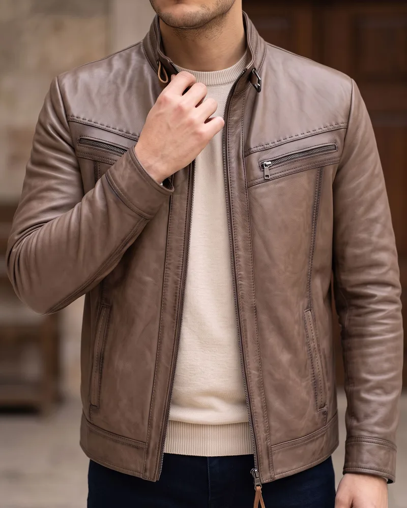 Brown Hand-Stitched Leather Jacket detail - Savas Textile