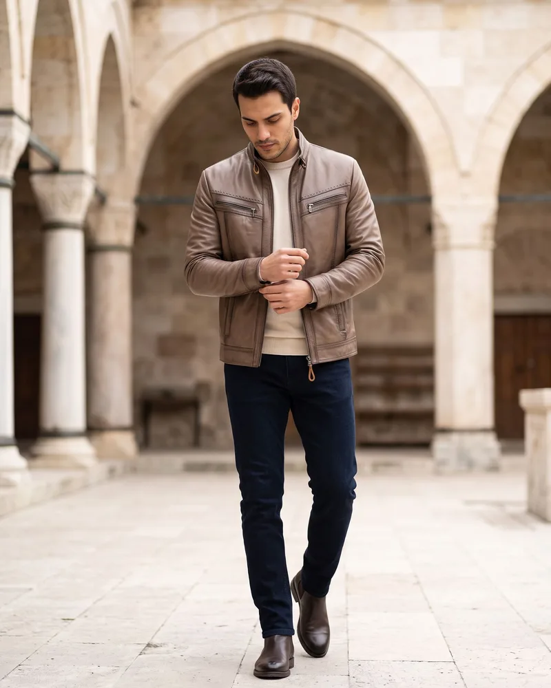 Brown Hand-Stitched Leather Jacket - Premium Turkish Leather Jackets by Savas Textile