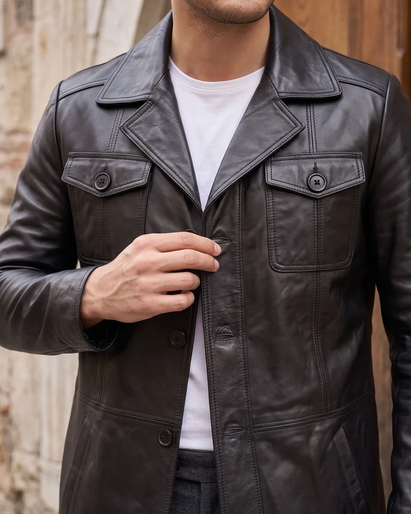 Black Four-Pocket Leather Jacket detail - Savas Textile