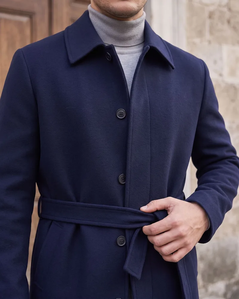 Navy Belted Melton Coat detail - Savas Textile
