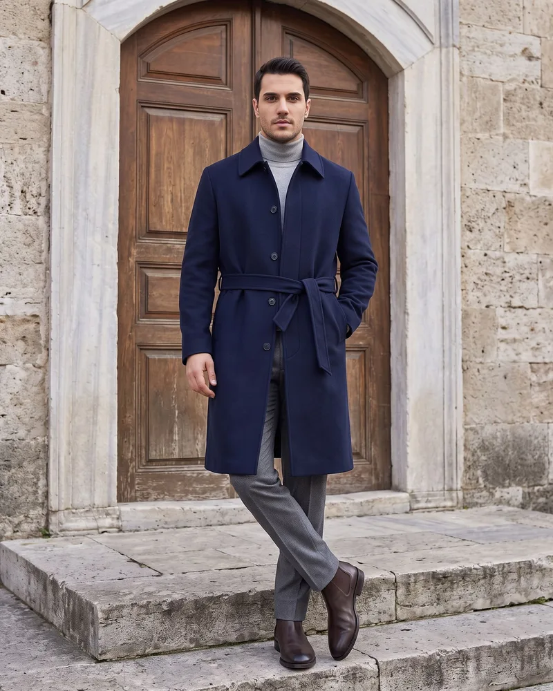 Navy Belted Melton Coat - Outerwear by Savas Textile
