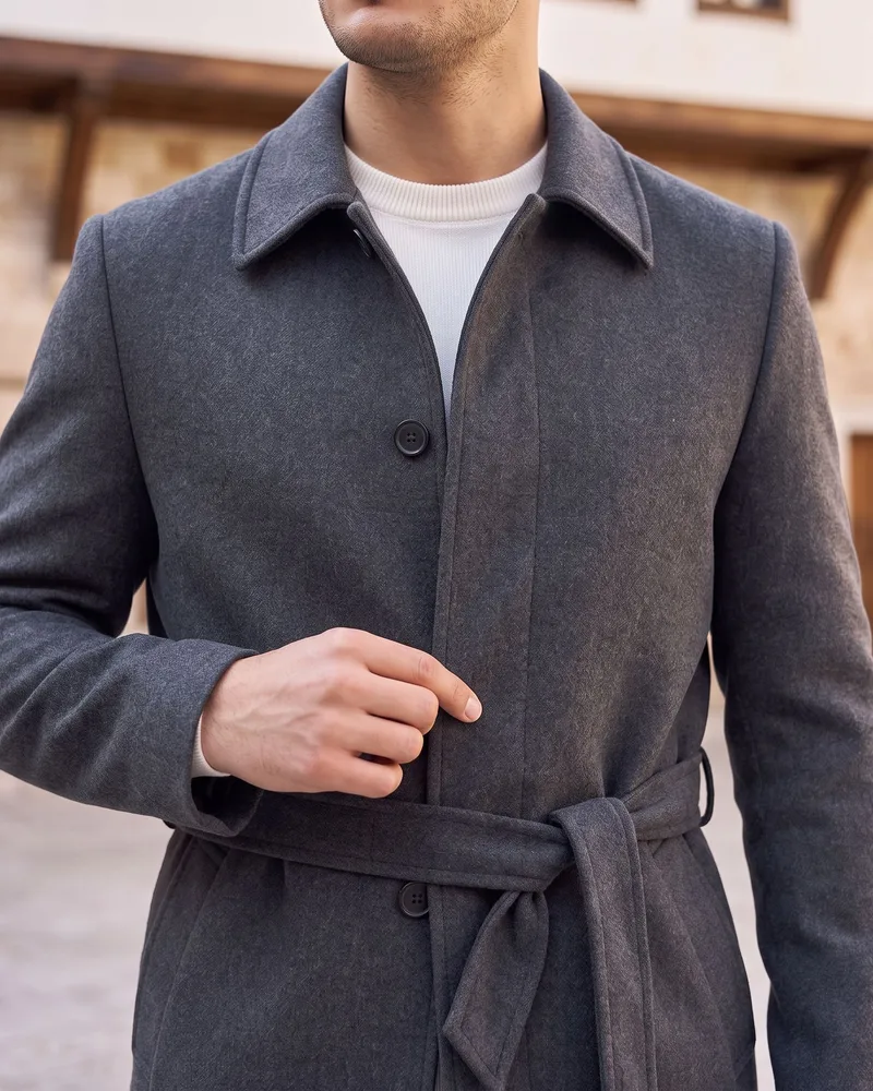 Charcoal Belted Melton Coat detail - Savas Textile
