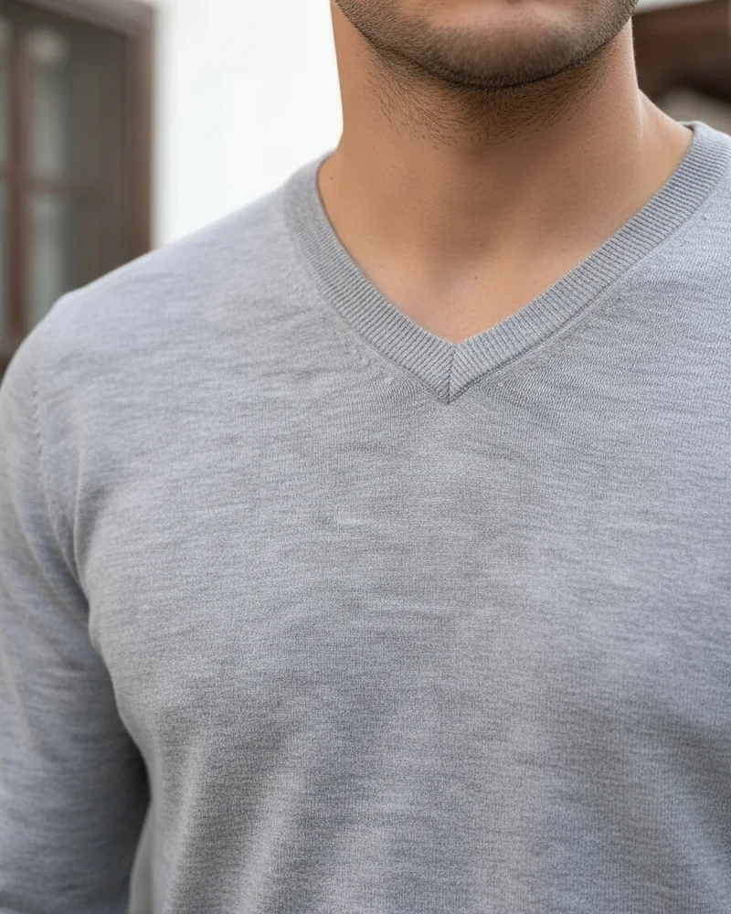 Grey V-Neck Fine Knit Sweater detail - Savas Textile