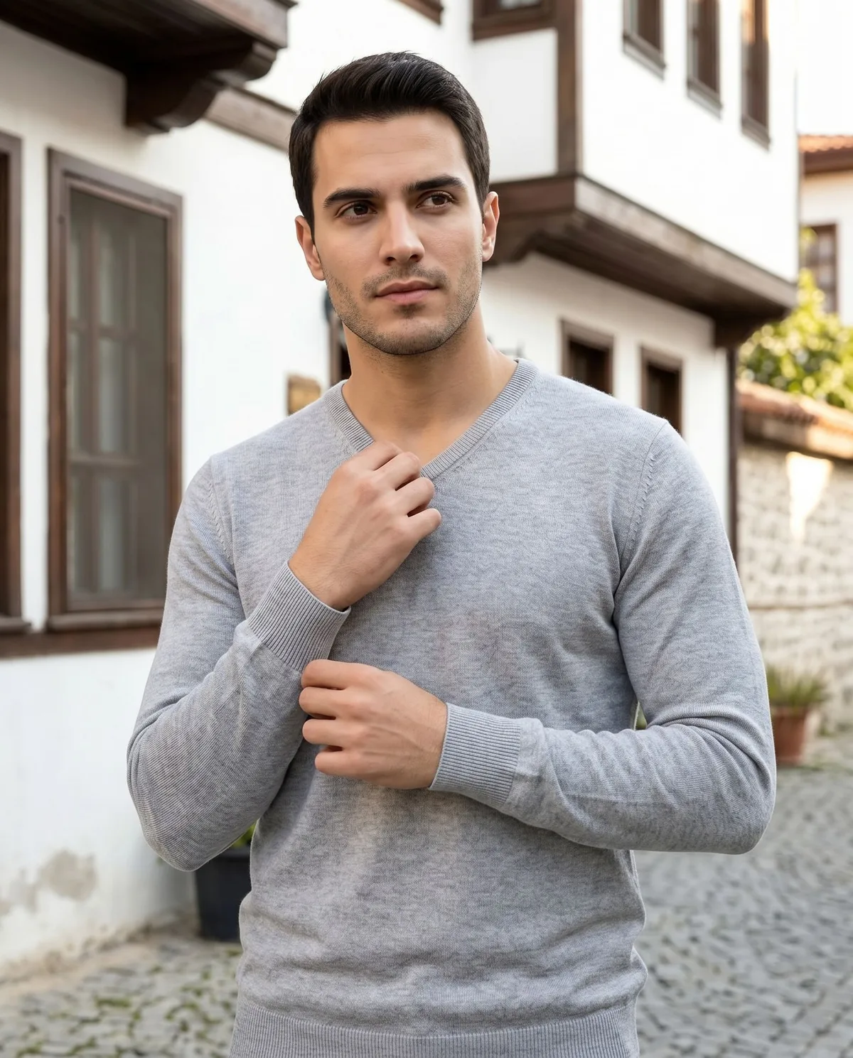 Grey V-Neck Fine Knit Sweater detail - Savas Textile