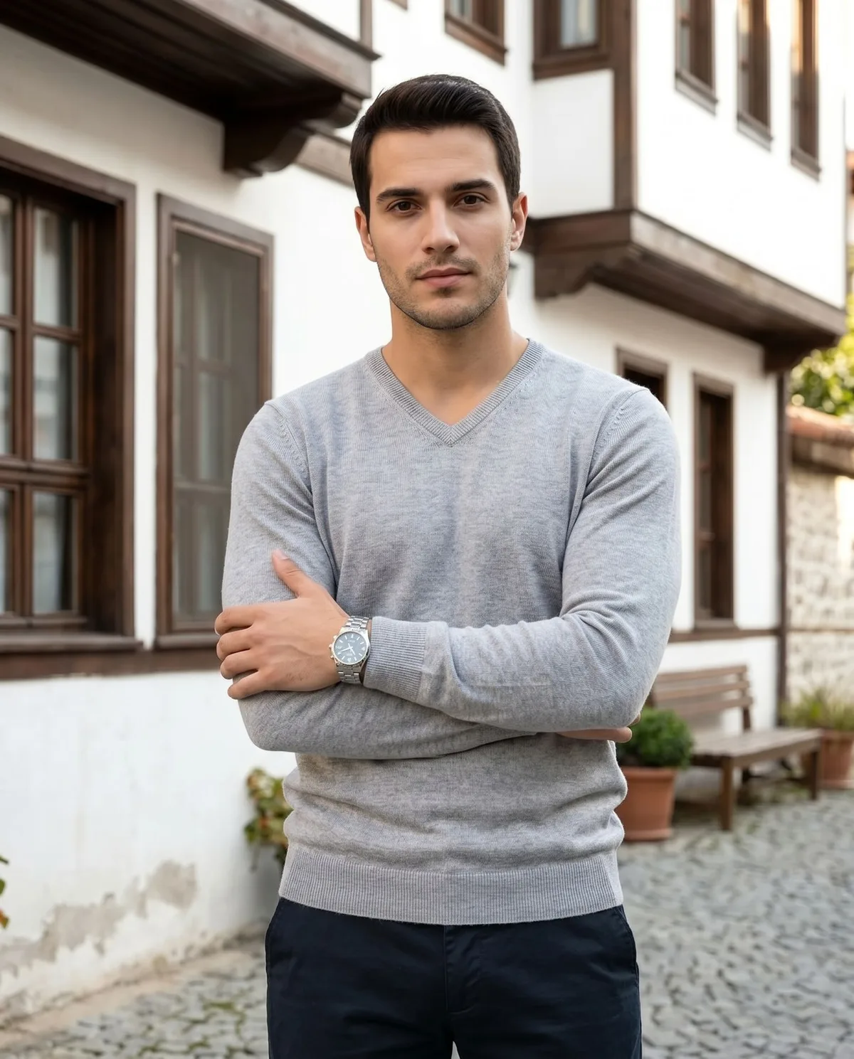 Grey V-Neck Fine Knit Sweater detail - Savas Textile