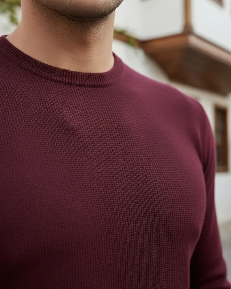 Burgundy Crew-Neck Sweater detail - Savas Textile