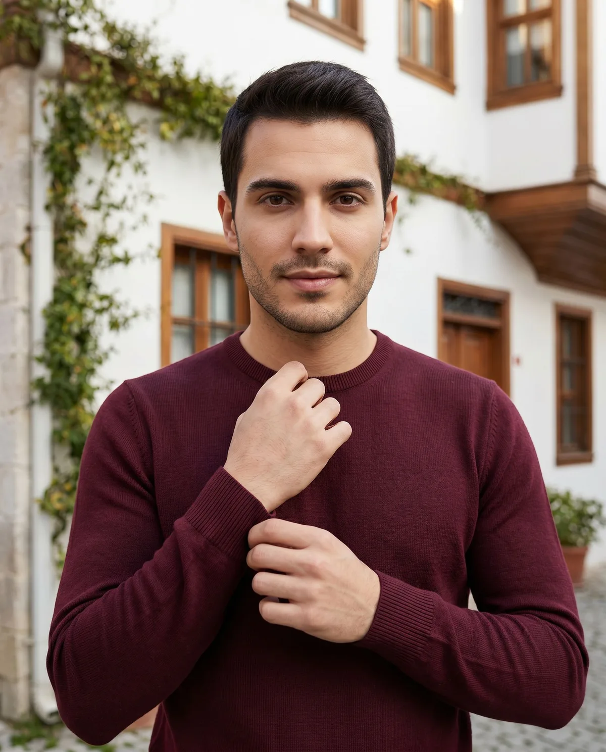 Burgundy Crew-Neck Sweater detail - Savas Textile
