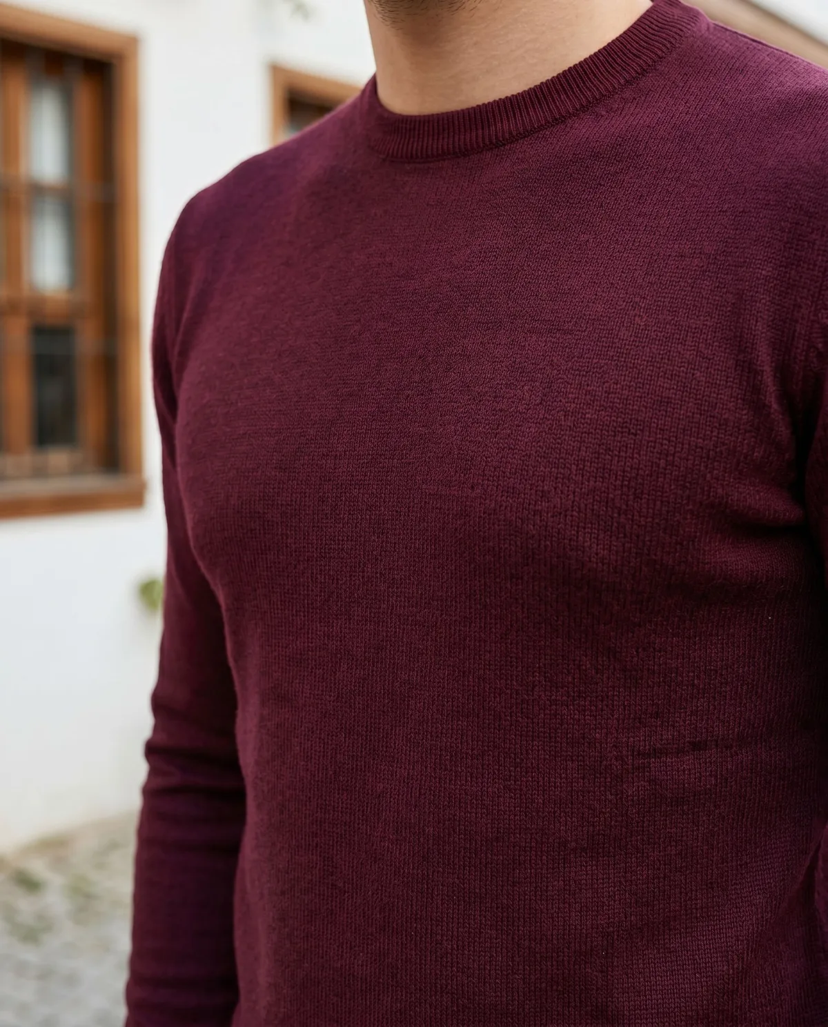 Burgundy Crew-Neck Sweater detail - Savas Textile