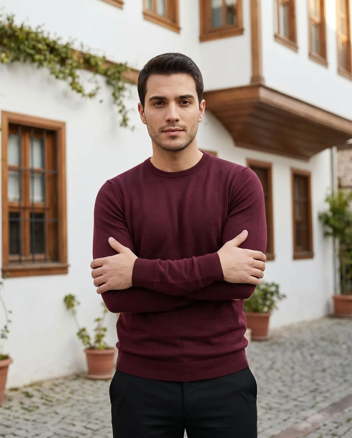 Burgundy Crew-Neck Sweater detail - Savas Textile