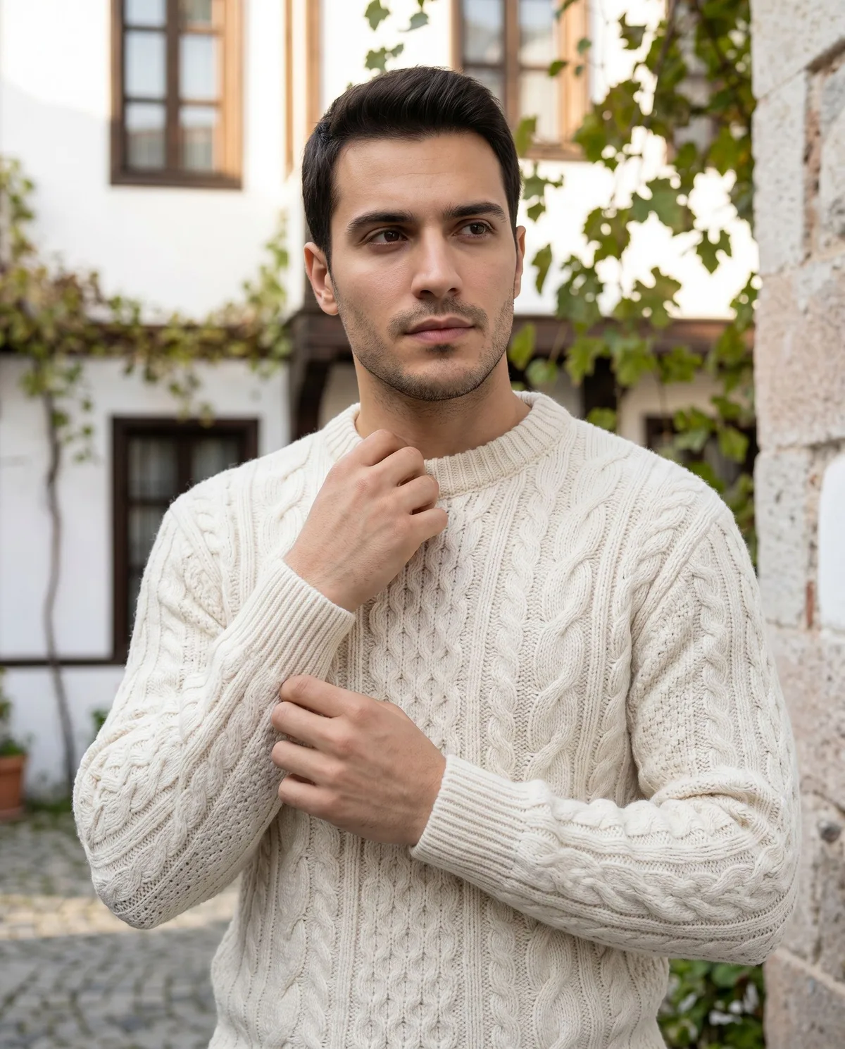 Cream Cable-Knit Sweater detail - Savas Textile