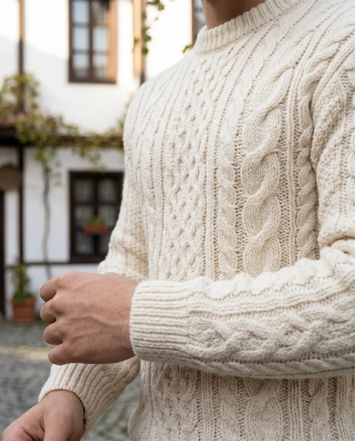 Cream Cable-Knit Sweater detail - Savas Textile