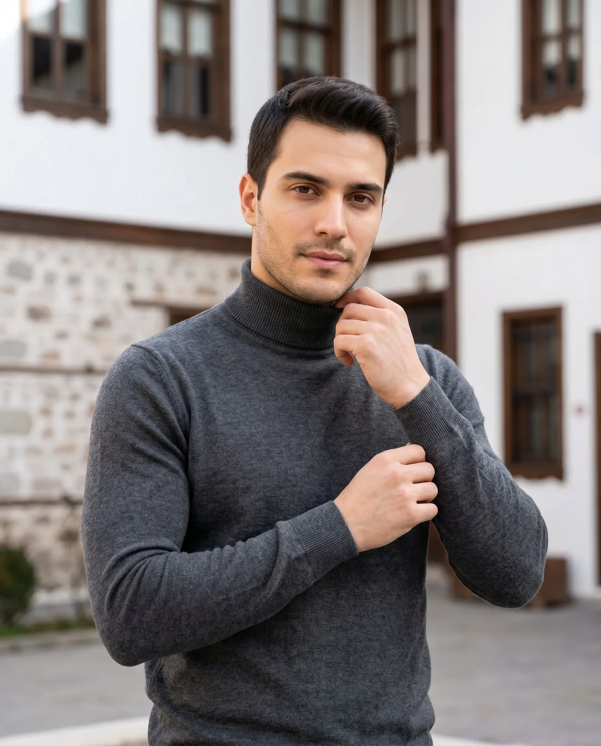 Charcoal Turtleneck Sweater detail - Savas Textile