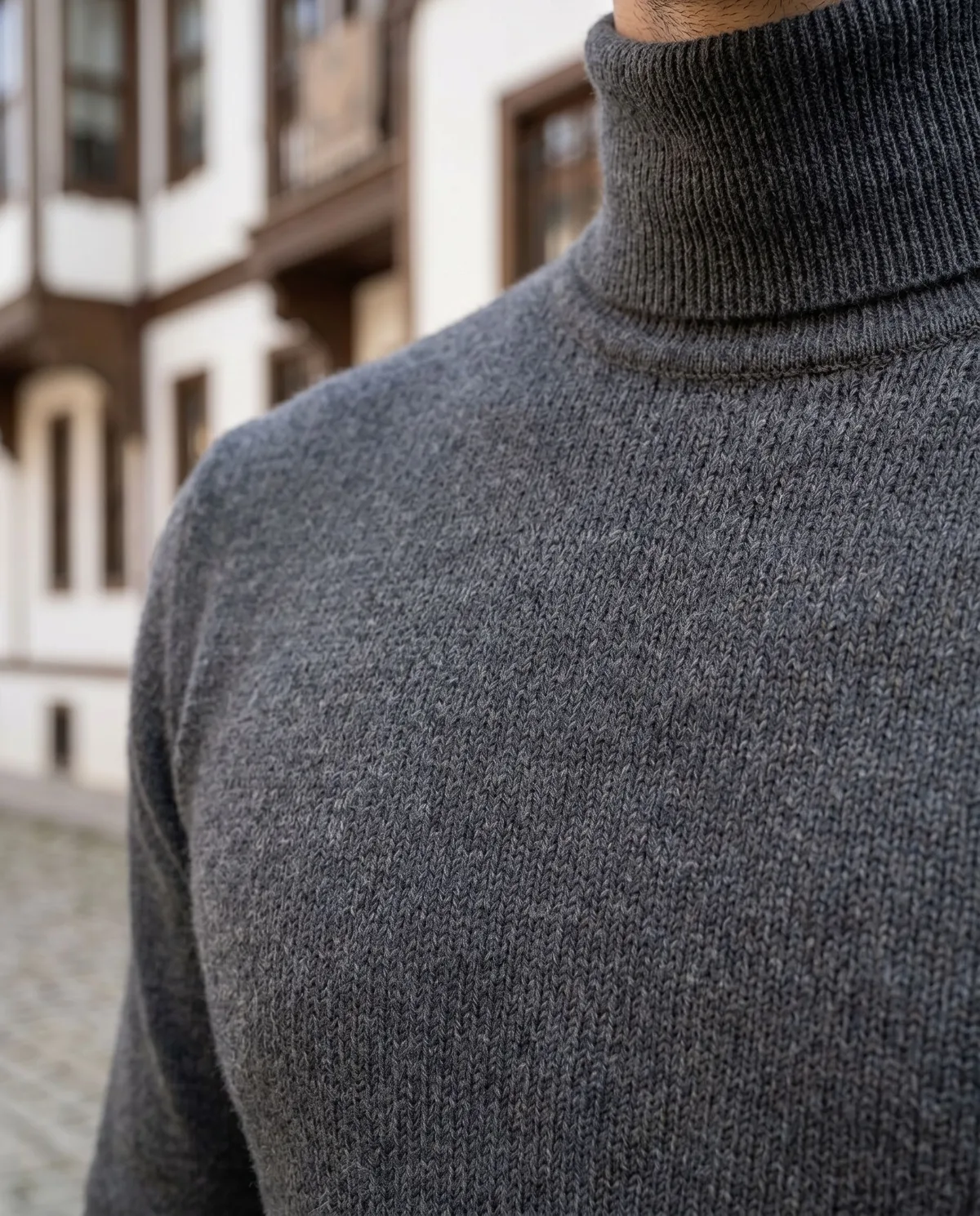 Charcoal Turtleneck Sweater detail - Savas Textile