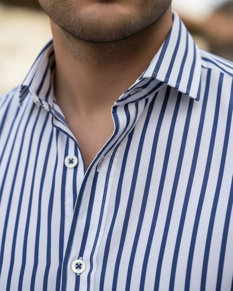 White-Navy Striped Shirt detail - Savas Textile