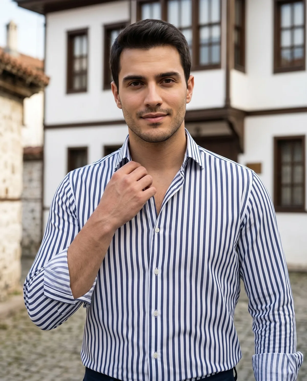 White-Navy Striped Shirt detail - Savas Textile
