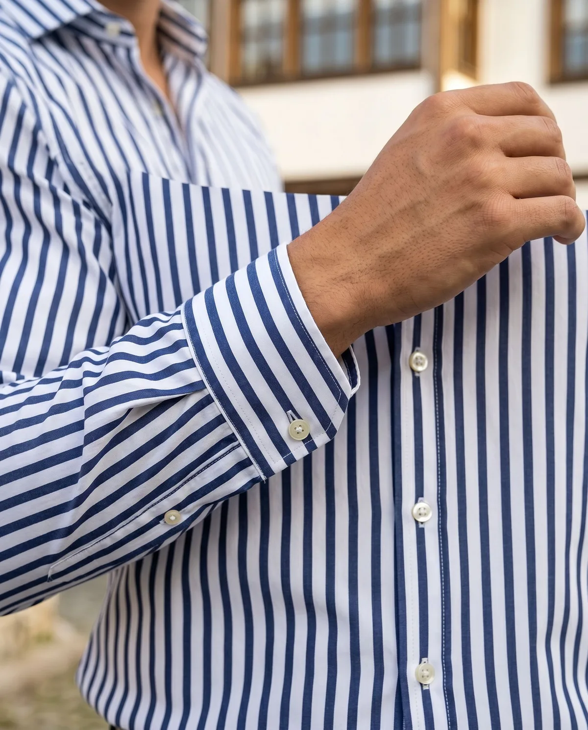 White-Navy Striped Shirt detail - Savas Textile