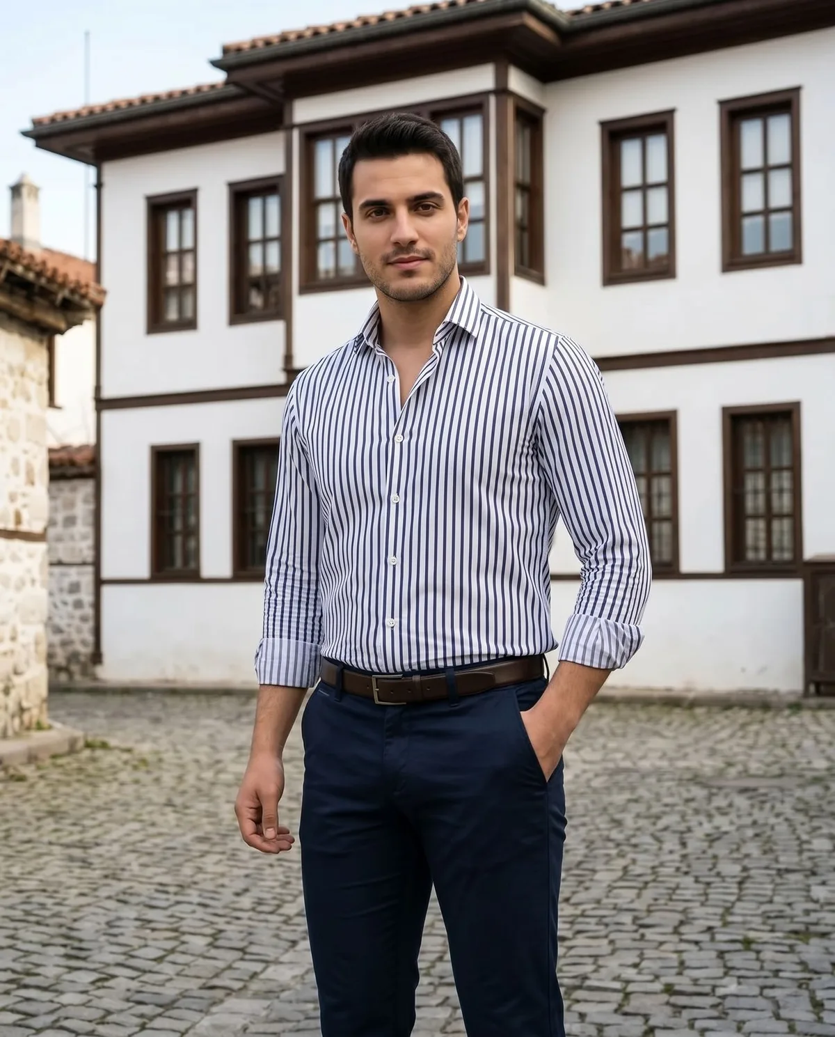 White-Navy Striped Shirt detail - Savas Textile