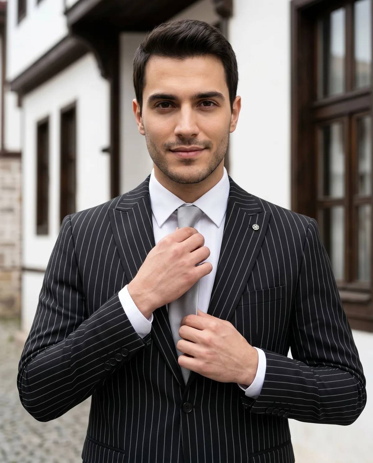 Black Pinstripe Suit detail - Savas Textile