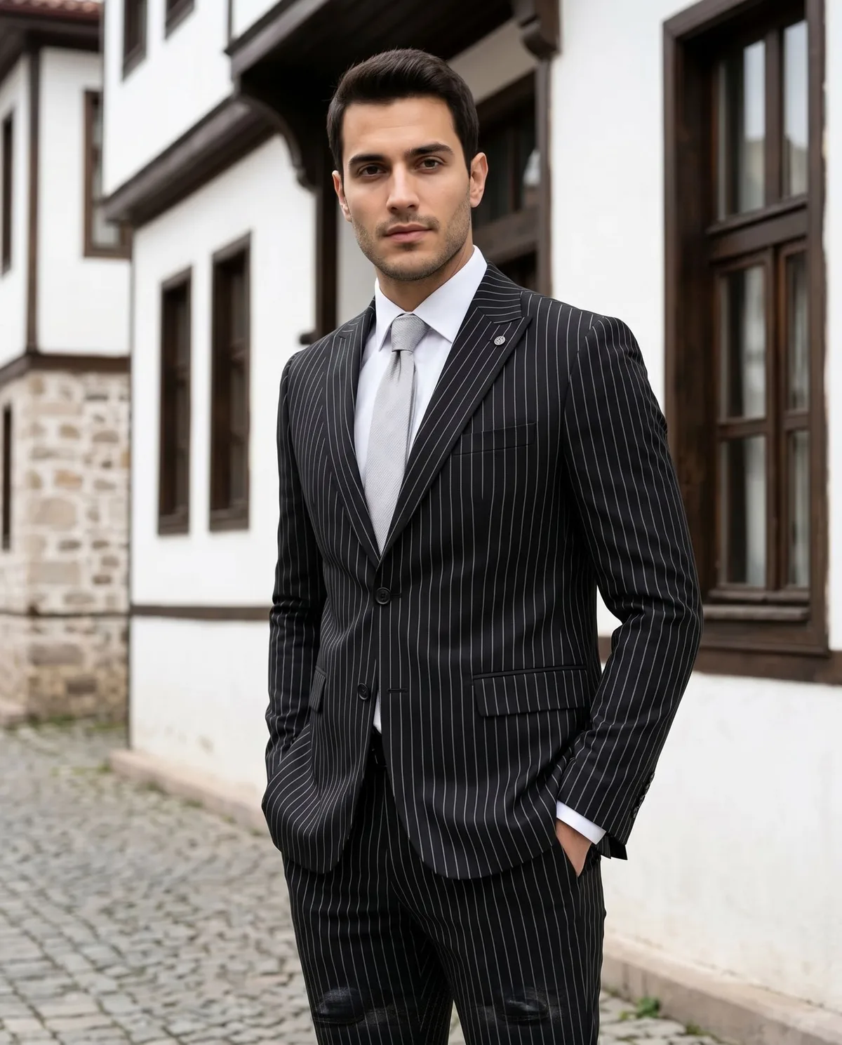 Black Pinstripe Suit detail - Savas Textile