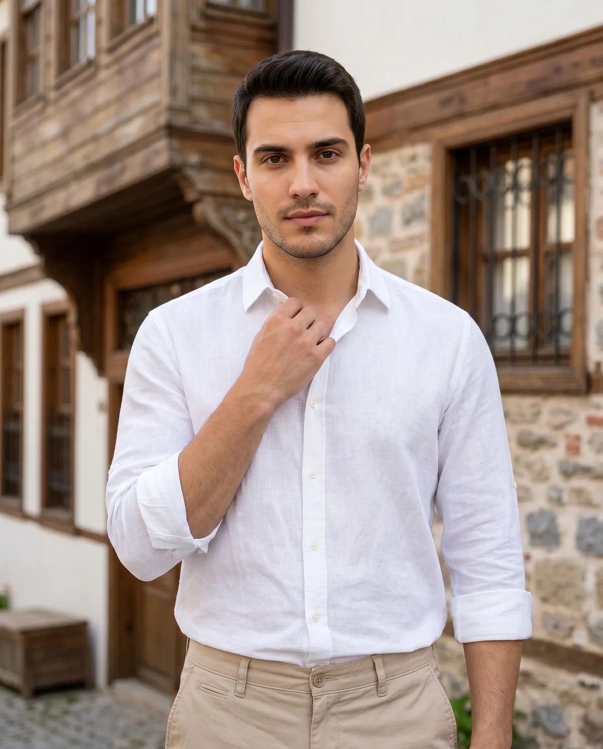 Beige Slim Chinos detail - Savas Textile