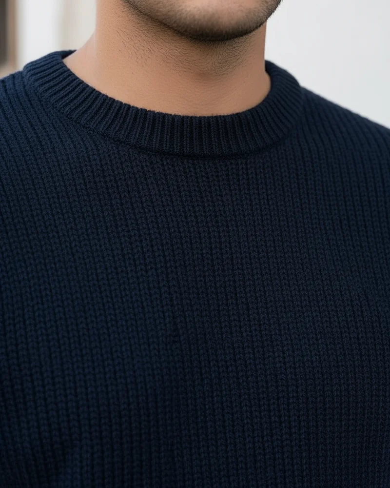 Navy Crew-Neck Sweater detail - Savas Textile