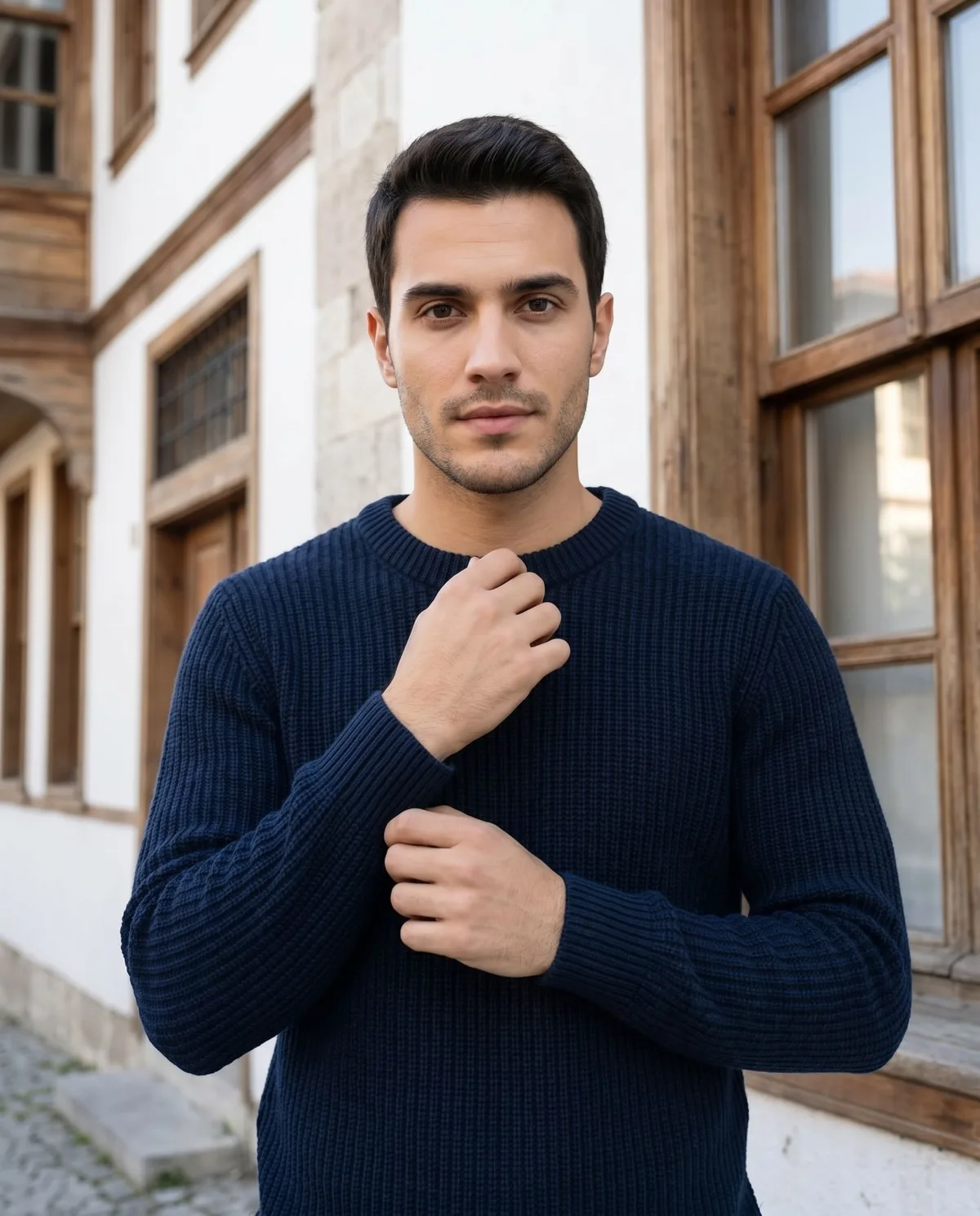 Navy Crew-Neck Sweater detail - Savas Textile