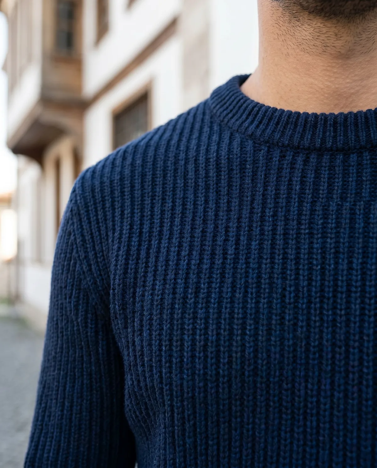 Navy Crew-Neck Sweater detail - Savas Textile