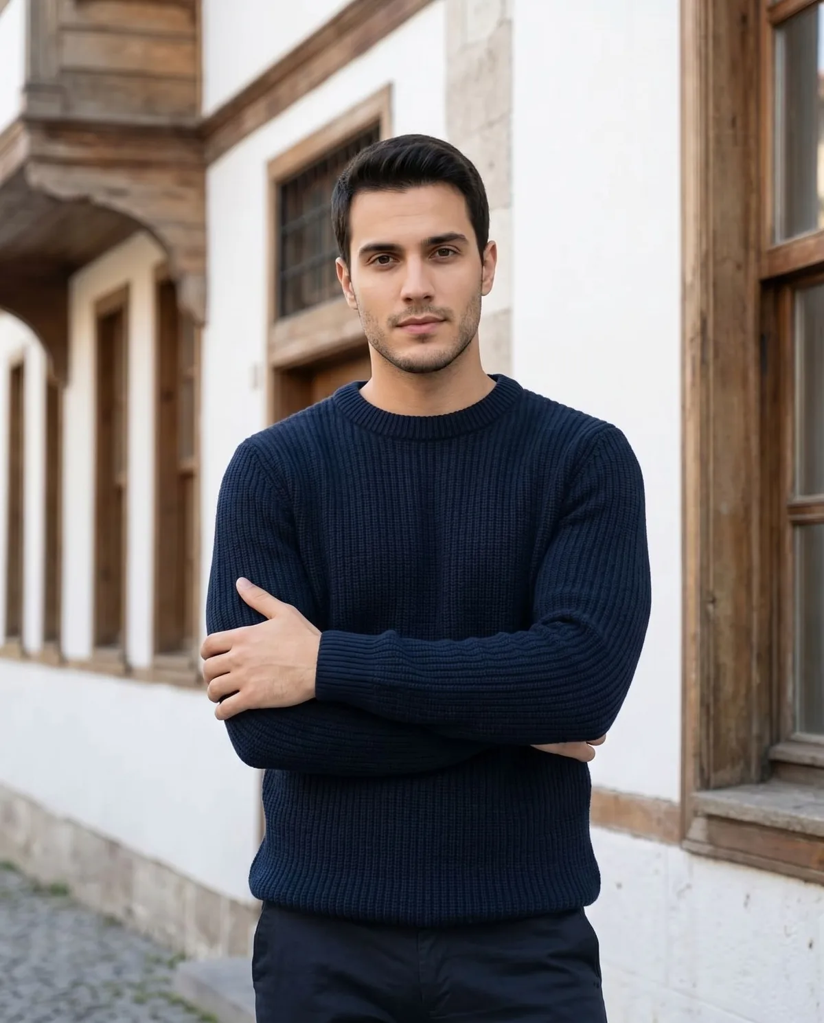 Navy Crew-Neck Sweater detail - Savas Textile