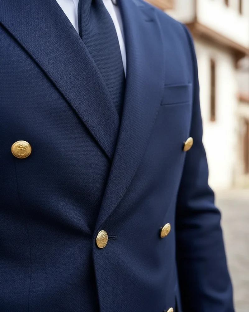 Navy Double-Breasted Suit detail - Savas Textile