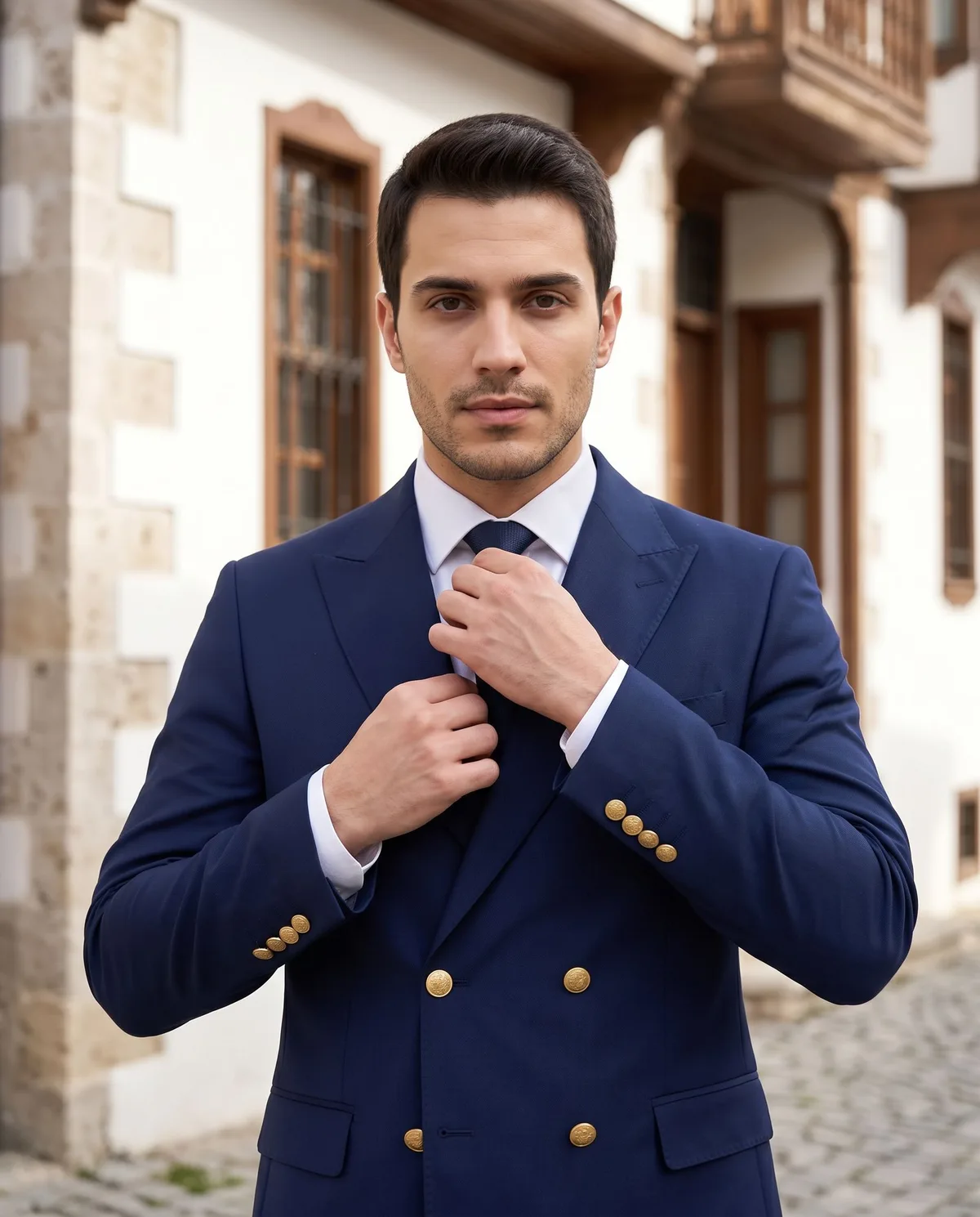 Navy Double-Breasted Suit detail - Savas Textile