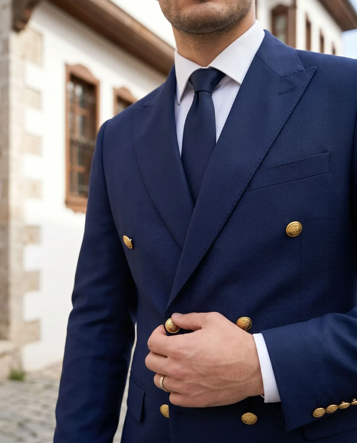 Navy Double-Breasted Suit detail - Savas Textile