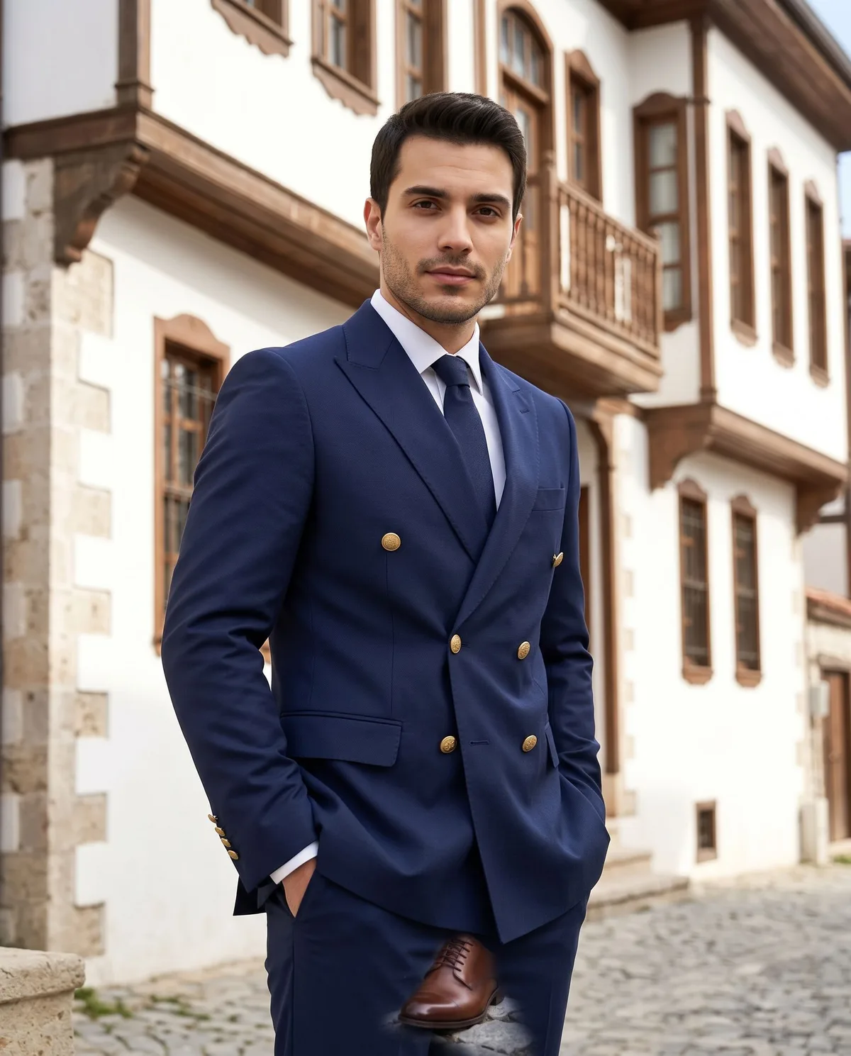 Navy Double-Breasted Suit detail - Savas Textile