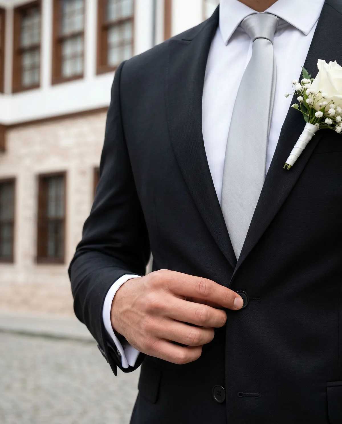 Black Wedding Suit - Silver Tie detail - Savas Textile