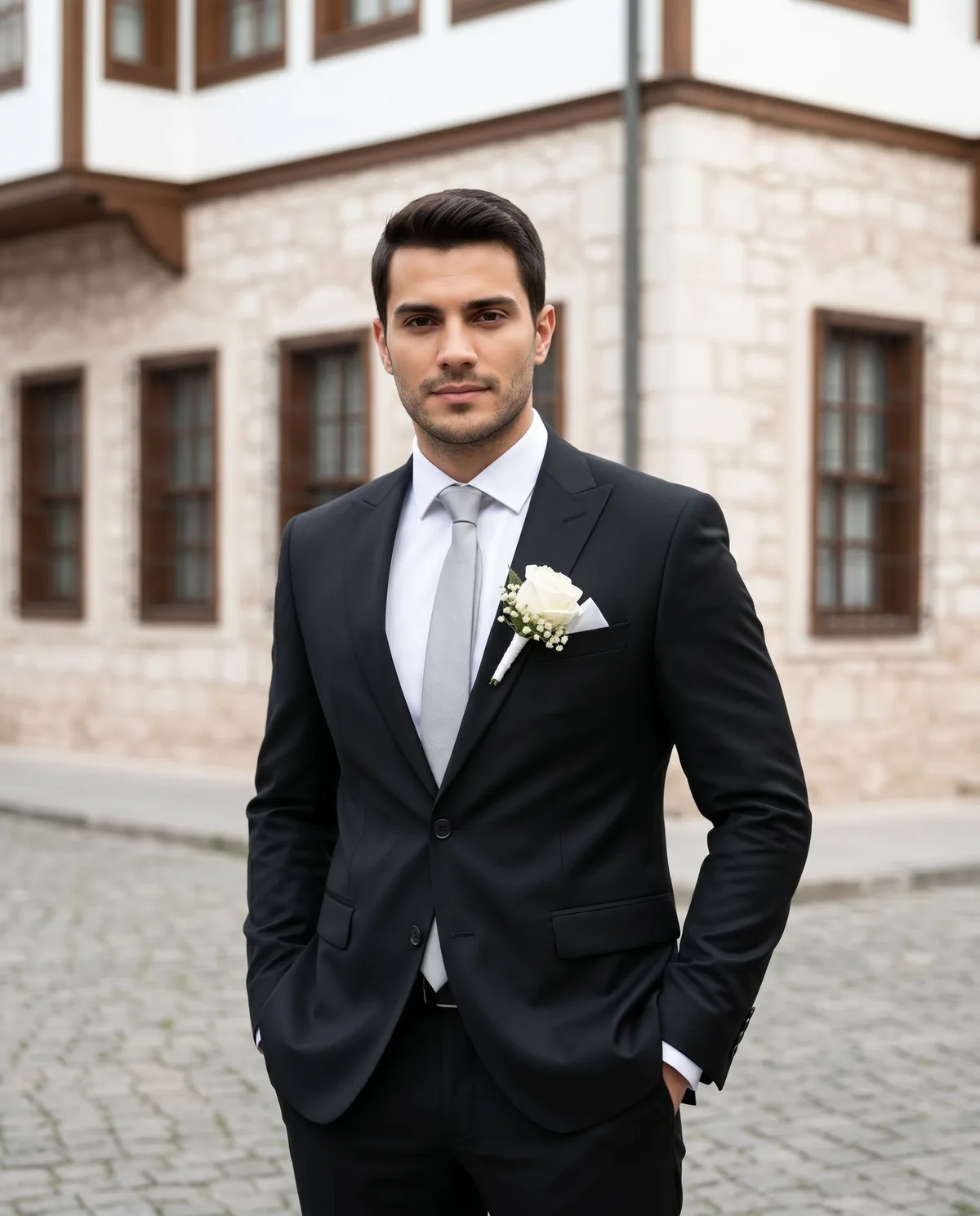 Black Wedding Suit - Silver Tie detail - Savas Textile