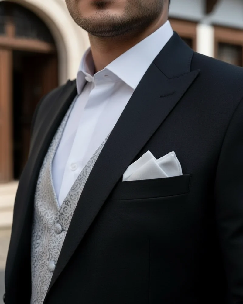 Black Wedding Suit - Silver Waistcoat detail - Savas Textile