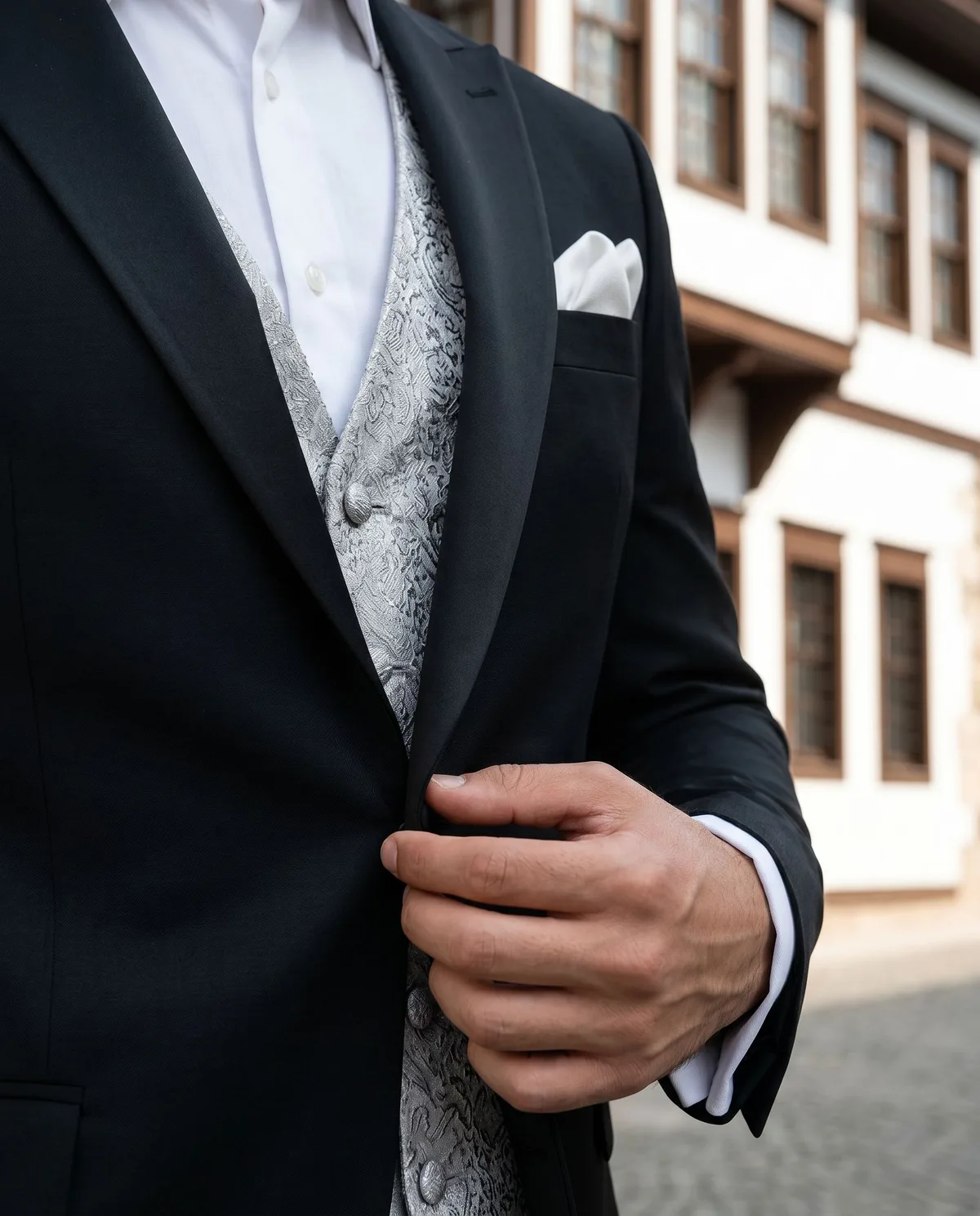 Black Wedding Suit - Silver Waistcoat detail - Savas Textile