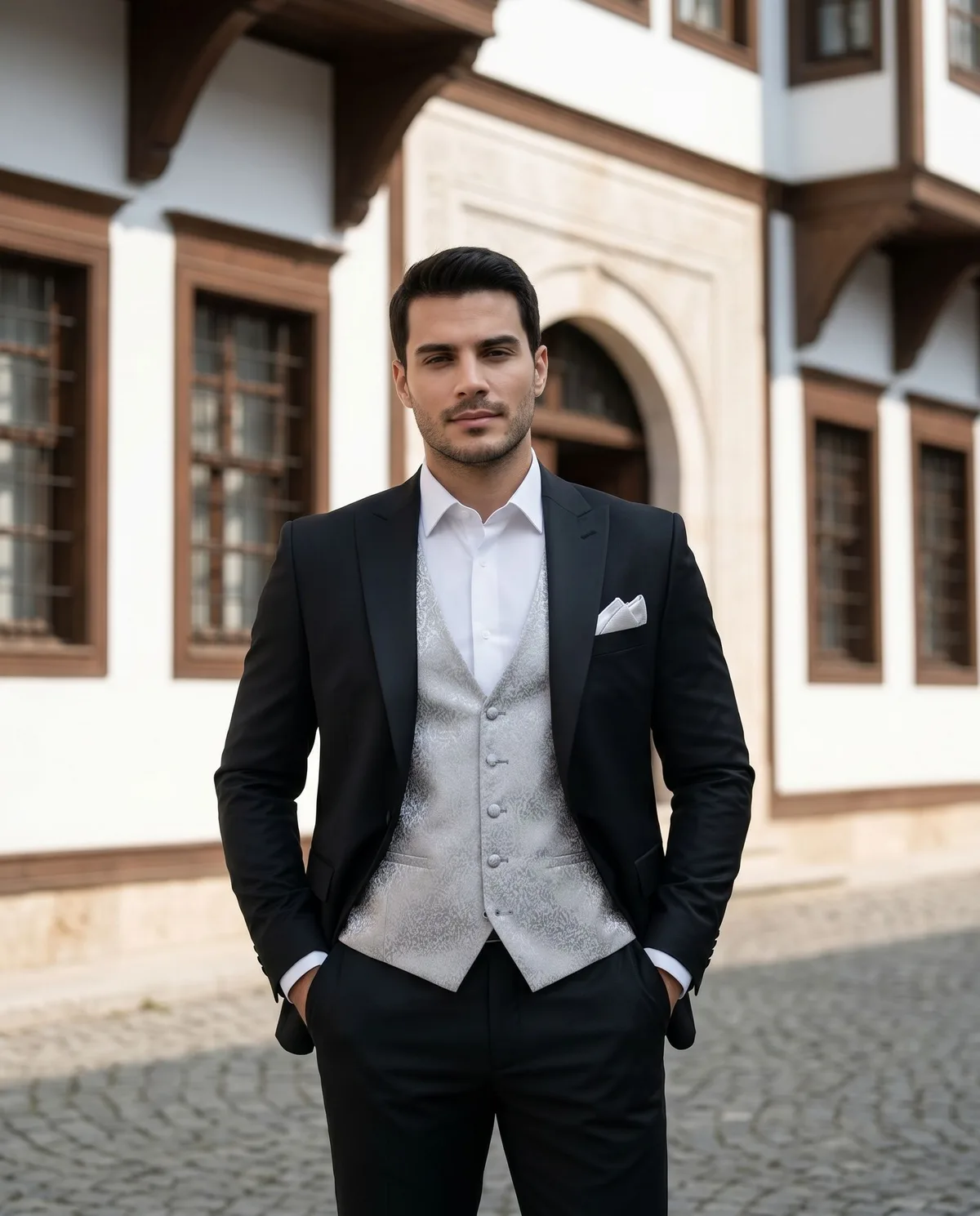 Black Wedding Suit - Silver Waistcoat detail - Savas Textile