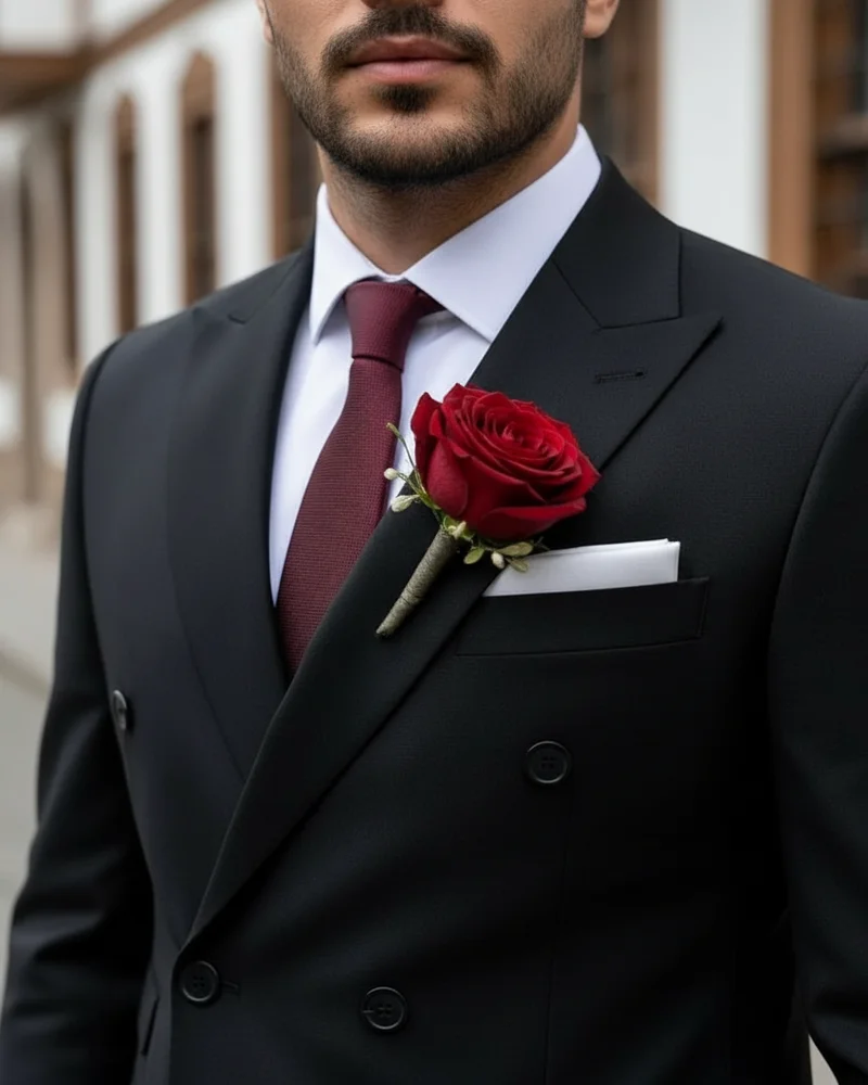 Black Double-Breasted Wedding Suit - Burgundy detail - Savas Textile