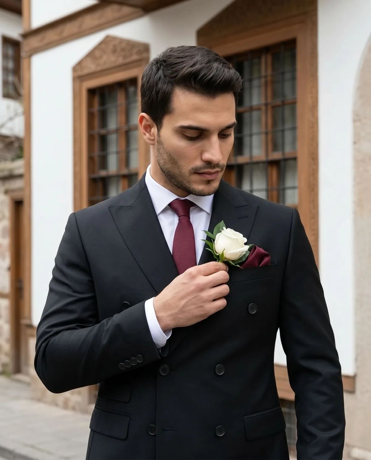 Black Double-Breasted Wedding Suit - Burgundy detail - Savas Textile