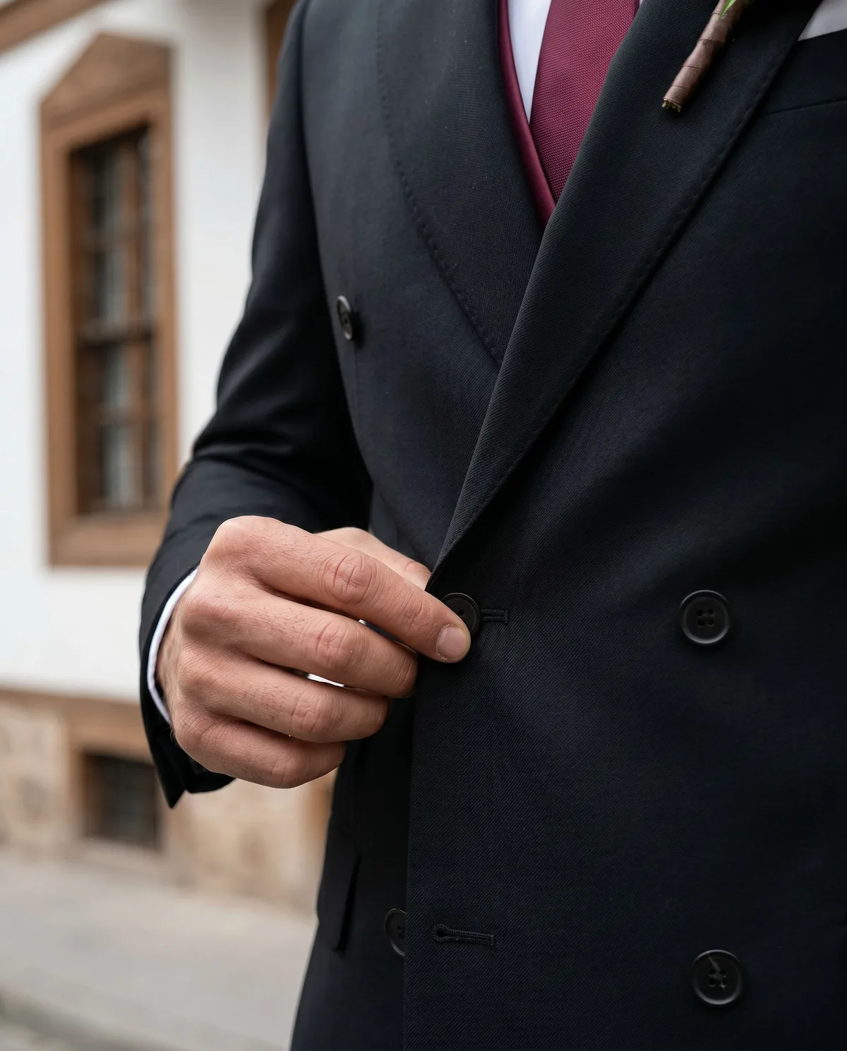 Black Double-Breasted Wedding Suit - Burgundy detail - Savas Textile