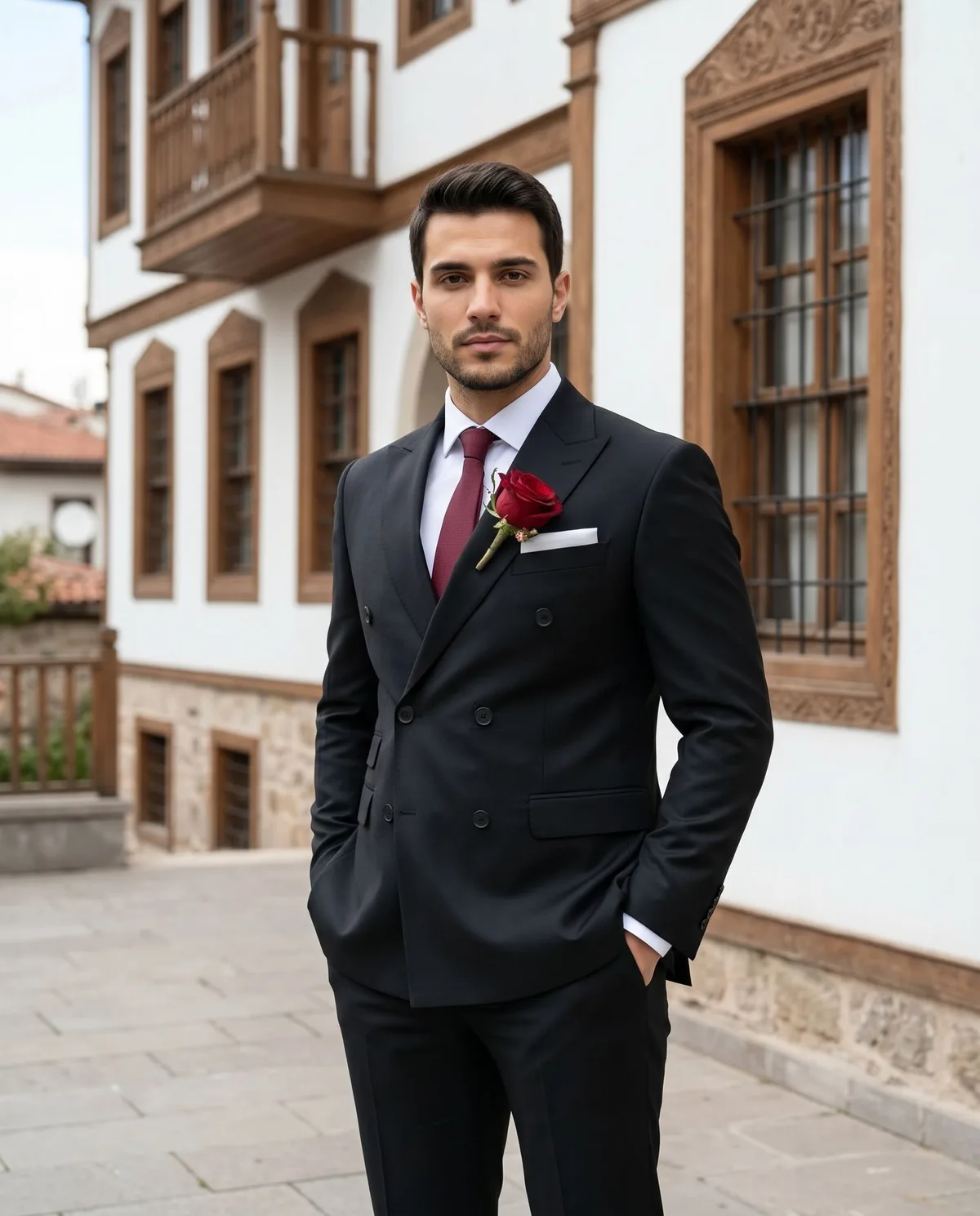 Black Double-Breasted Wedding Suit - Burgundy detail - Savas Textile