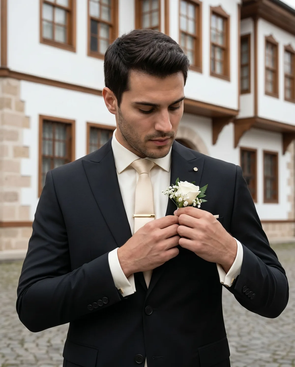 Black Wedding Suit - Gold Tie detail - Savas Textile